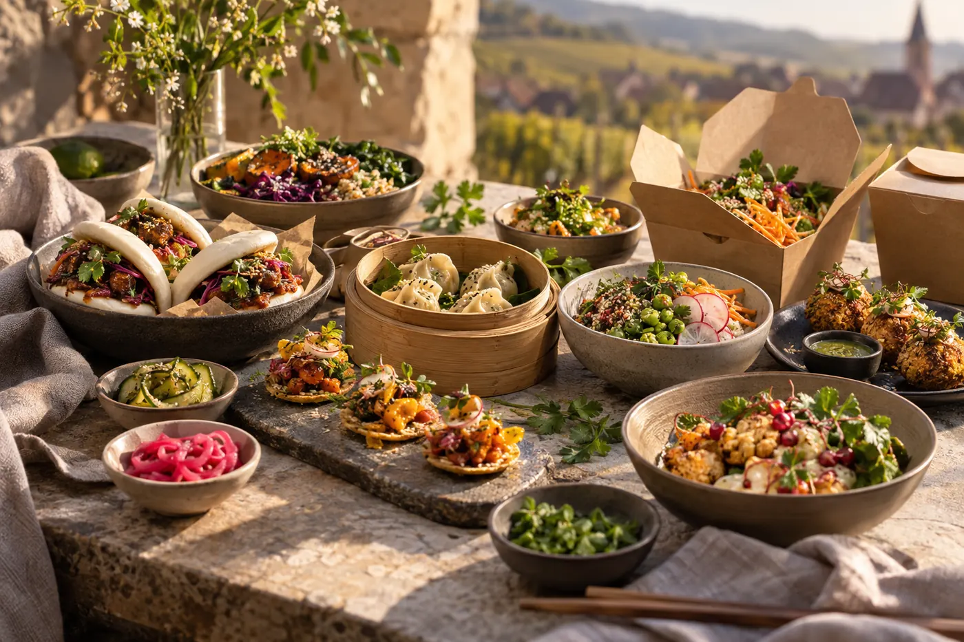 Premium street-food creations: bao, dumplings, bowls and colourful vegetables on a table, illustrative image.