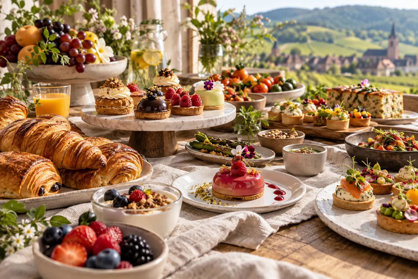 Pastries, catering bites and brunch creations laid out on a table, illustrative image.