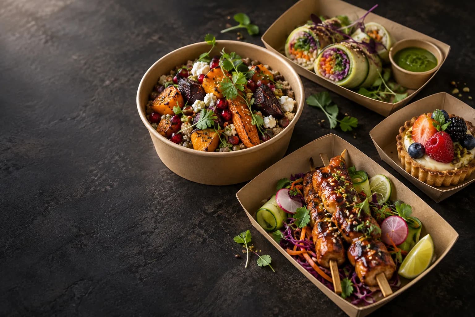 Culinary inspiration: colorful savory creations and a fruit tart in takeaway containers